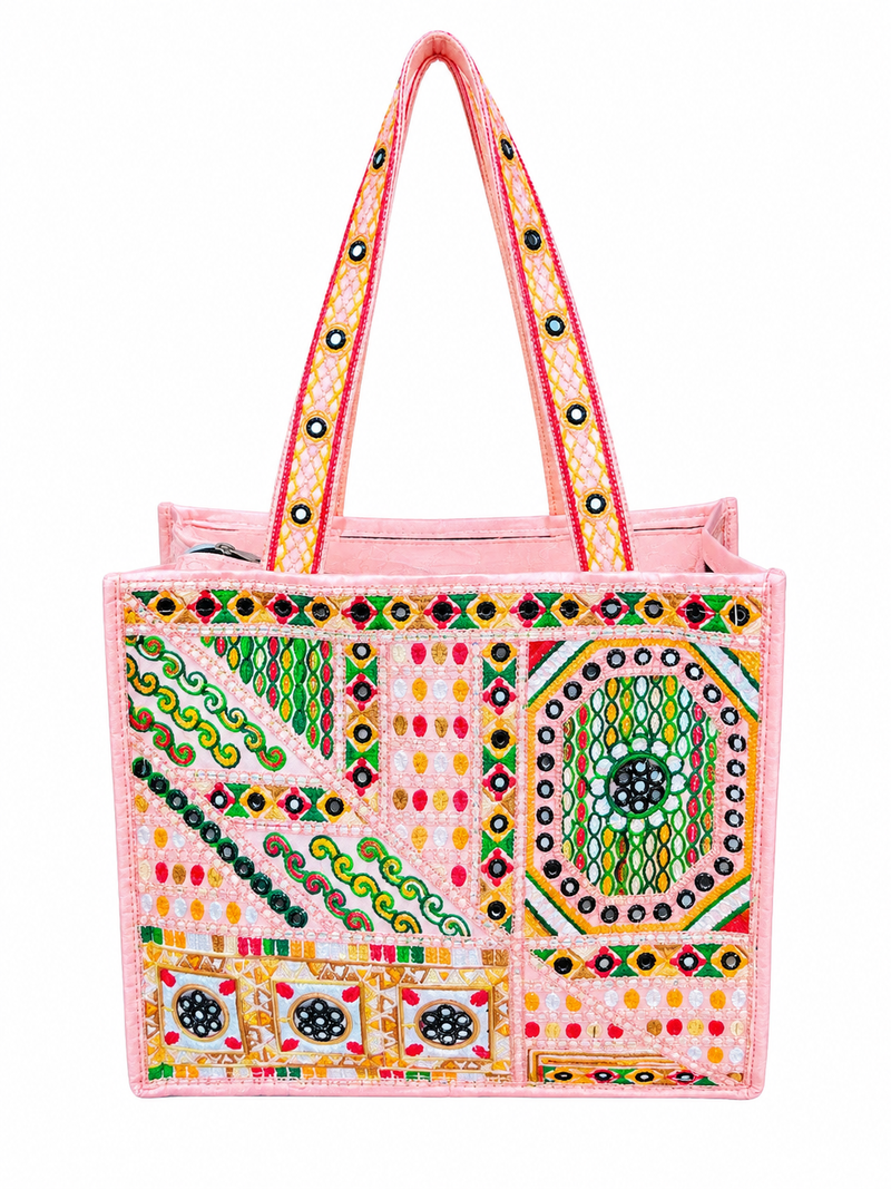 Handmade Mirror-Work Embroidered Tote Bag - Traditional Sindhi Design