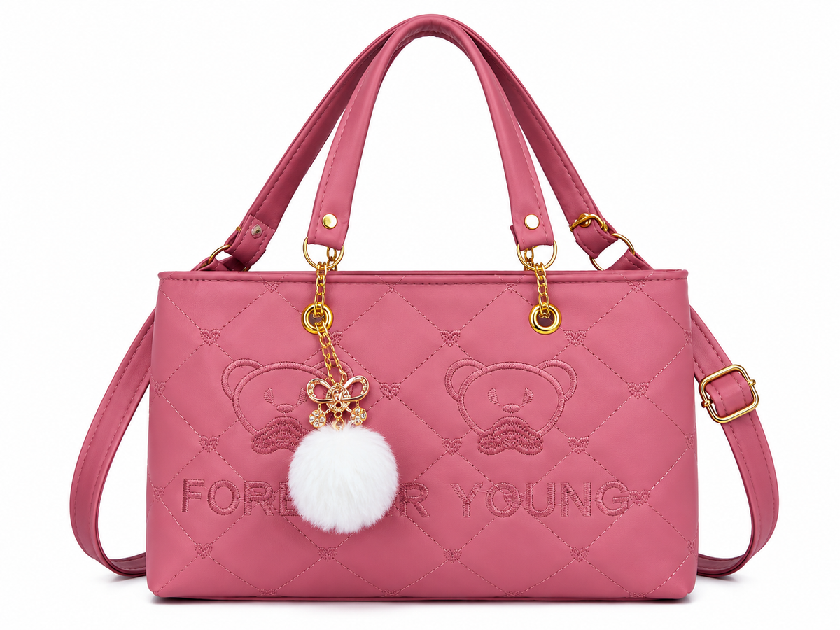 Dusty Pink Quilted Handbag - Cute Bear Embroidered Tote with Pom-Pom Charm