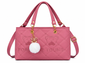 Dusty Pink Quilted Handbag - Cute Bear Embroidered Tote with Pom-Pom Charm