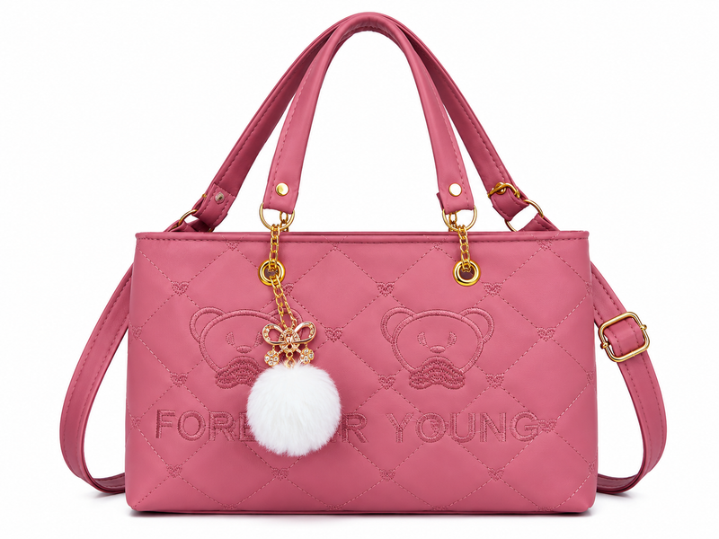 Dusty Pink Quilted Handbag - Cute Bear Embroidered Tote with Pom-Pom Charm