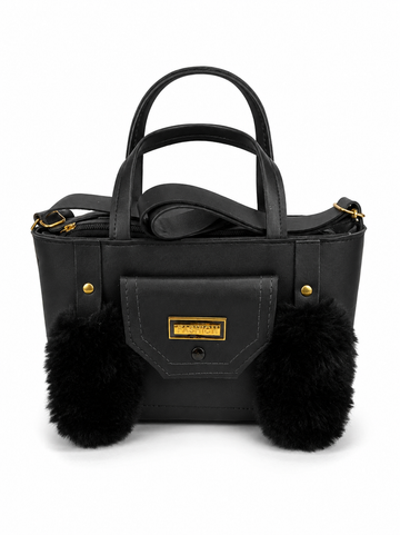 Black Structured Tote Handbag with Pom-Pom Charms