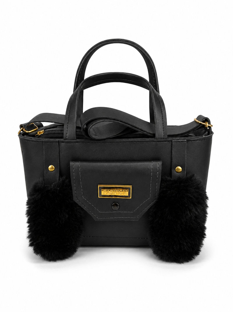 Black Structured Tote Handbag with Pom-Pom Charms