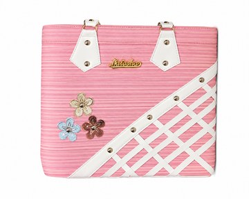 Pink Striped Woven Trim Handbag with Floral Appliqué