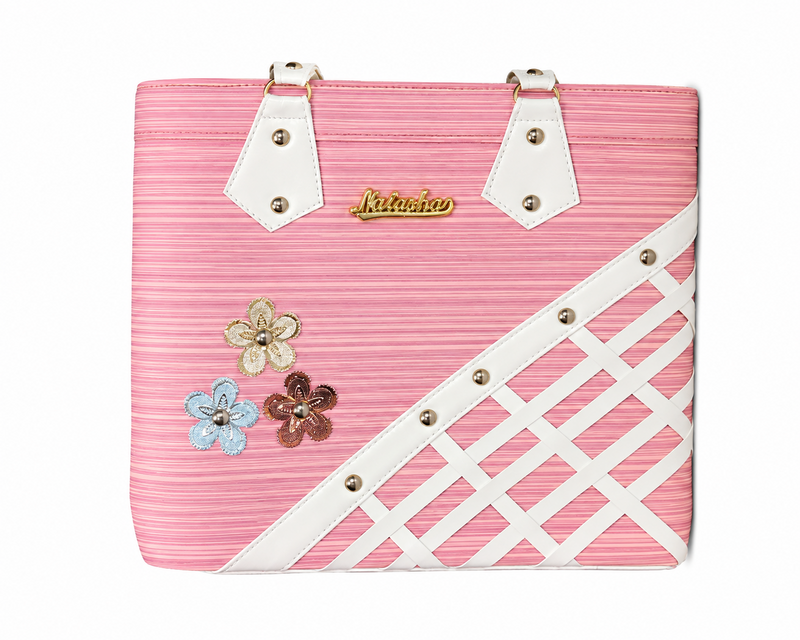 Pink Striped Woven Trim Handbag with Floral Appliqué